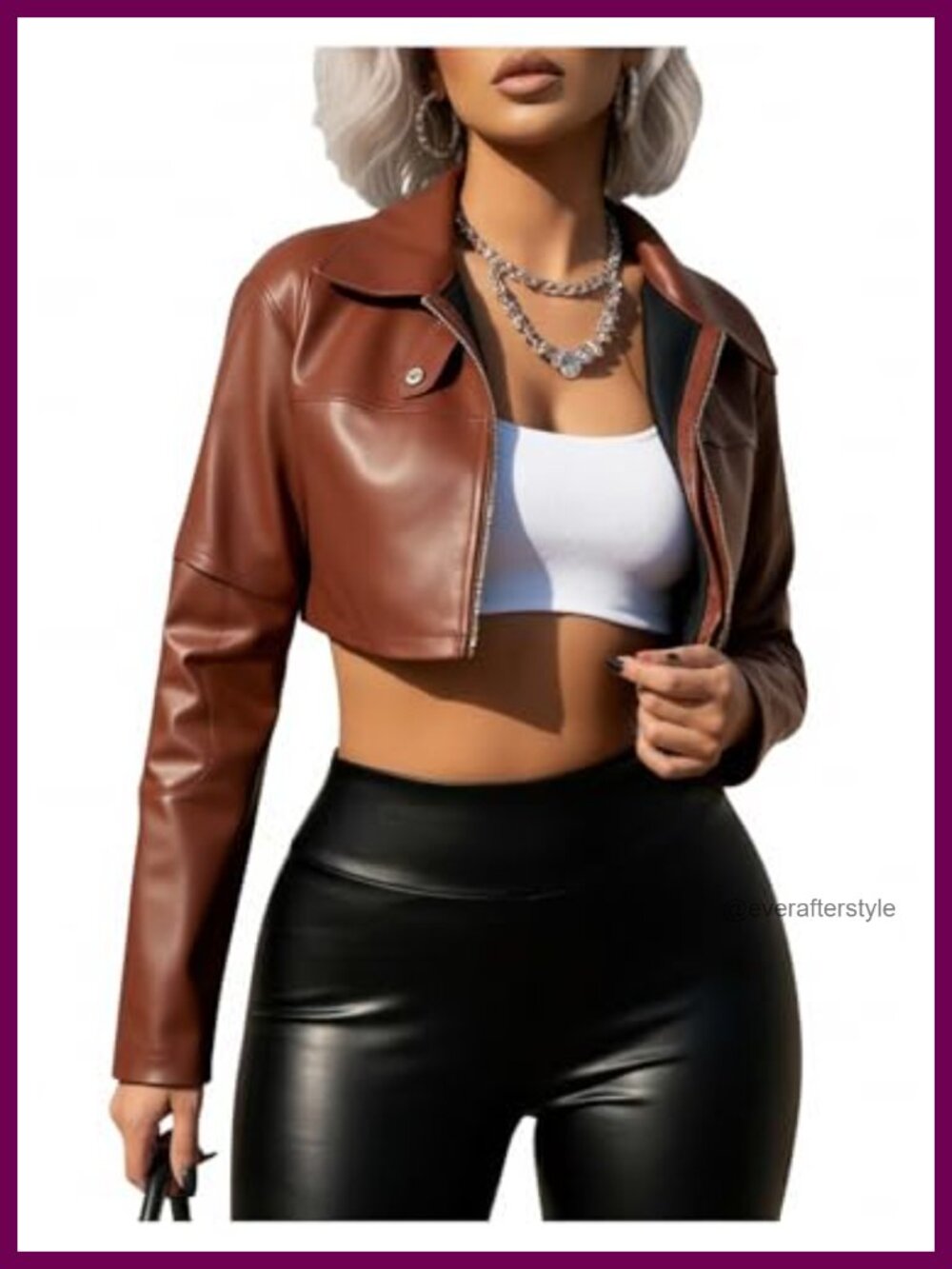 Women's Faux Leather Cropped Moto Jacket Zip Collar Y2K